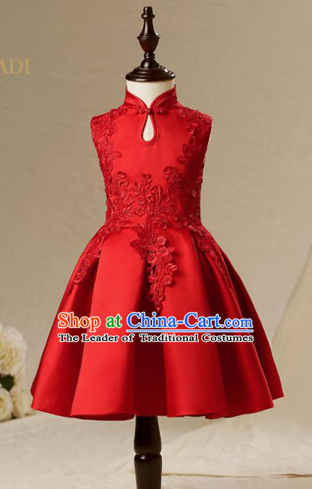 Children Model Show Dance Costume Red China Cheongsam, Ceremonial Occasions Catwalks Princess Full Dress for Girls