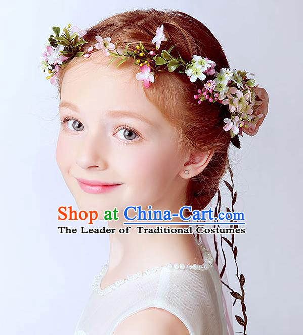 Handmade Children Hair Accessories Pink Flowers Garland, Princess Halloween Model Show Hair Clasp Headwear for Kids