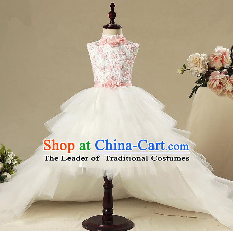 Children Model Show Dance Costume Trailing Veil Dress, Ceremonial Occasions Catwalks Princess Full Dress for Girls