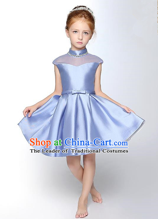 Children Model Show Dance Costume Crystal Blue Satin Full Dress, Ceremonial Occasions Catwalks Princess Dress for Girls