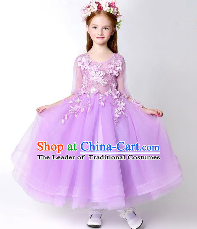 Children Model Show Dance Costume Flower Faerie Purple Veil Dress, Ceremonial Occasions Catwalks Princess Full Dress for Girls
