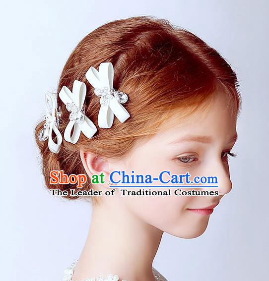 Handmade Children Hair Accessories White Bowknot Hair Stick, Princess Halloween Model Show Hair Claw Headwear for Kids