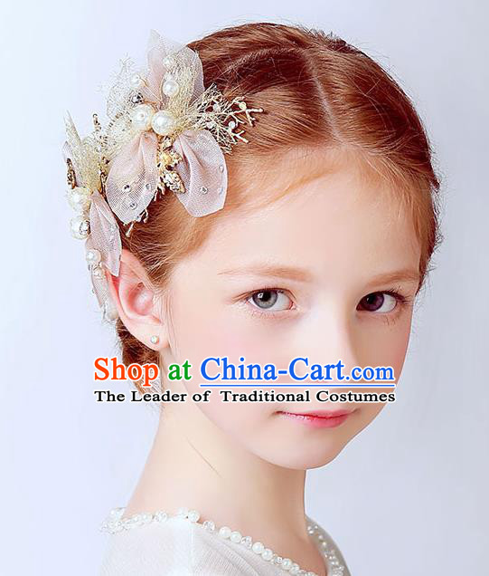 Handmade Children Hair Accessories Bowknot Pearls Hair Stick, Princess Halloween Model Show Hair Claw Headwear for Kids