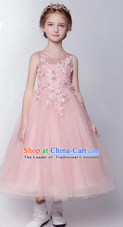 Children Model Show Dance Costume Embroidery Peach Blossom Pink Full Dress, Ceremonial Occasions Catwalks Princess Veil Dress for Girls