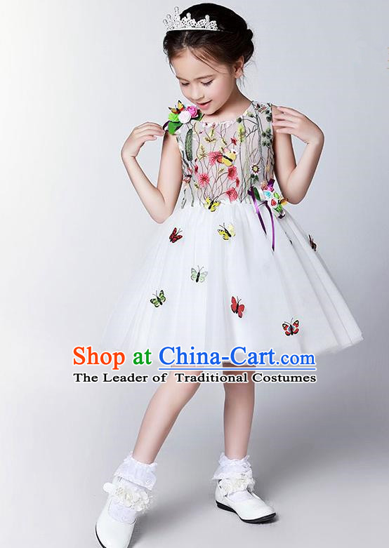 Children Model Show Dance Costume Embroidery Butterfly Full Dress, Ceremonial Occasions Catwalks Princess Veil Dress for Girls