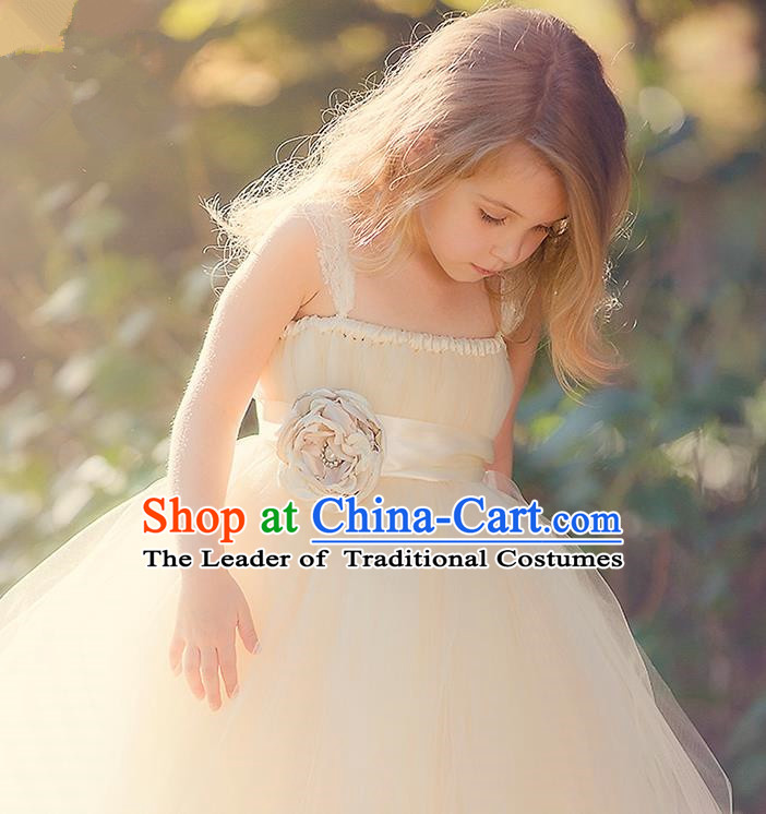 Children Model Show Dance Costume Champagne Veil Full Dress, Ceremonial Occasions Catwalks Princess Dress for Girls