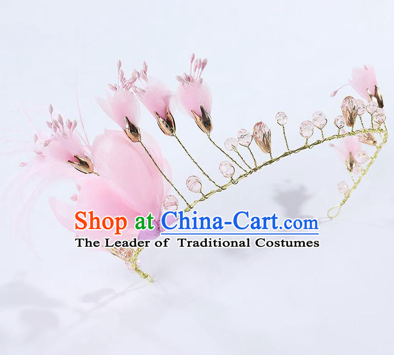 Handmade Children Hair Accessories Pink Flowers Royal Crown, Princess Halloween Model Show Hair Clasp Headwear for Kids