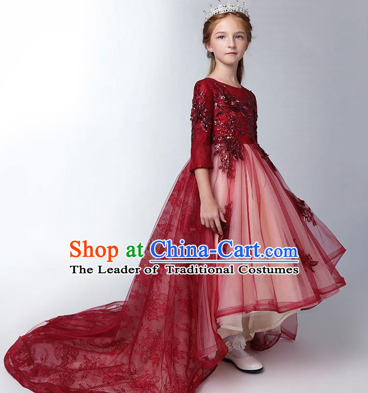 Children Model Show Dance Costume Red Lace Trailing Full Dress, Ceremonial Occasions Catwalks Princess Embroidery Dress for Girls