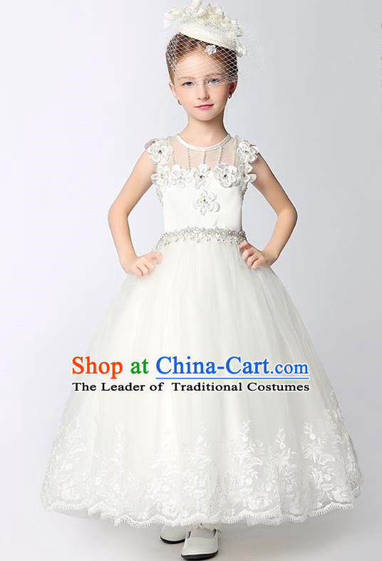 Children Model Dance Costume Compere White Crystal Full Dress, Ceremonial Occasions Catwalks Princess Embroidery Dress for Girls