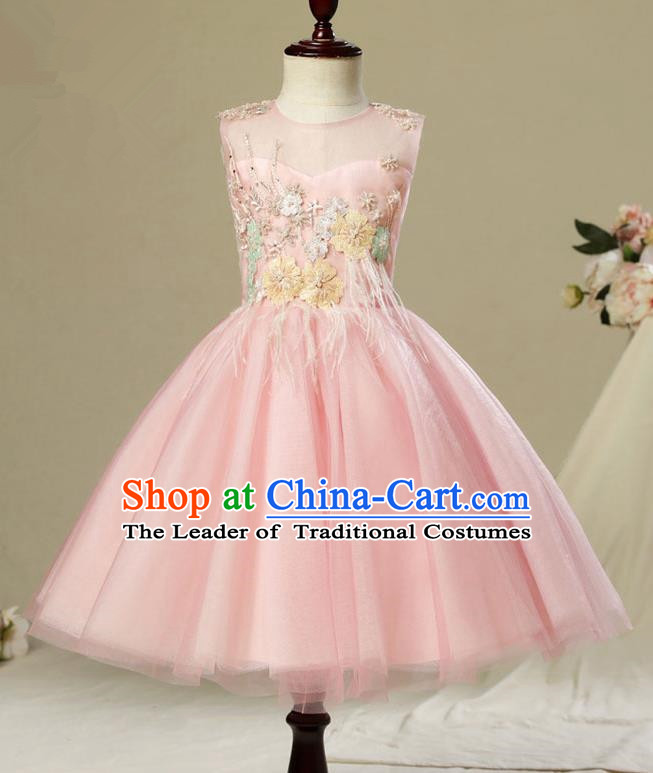 Children Model Dance Costume Compere Pink Veil Full Dress, Ceremonial Occasions Catwalks Princess Embroidery Dress for Girls