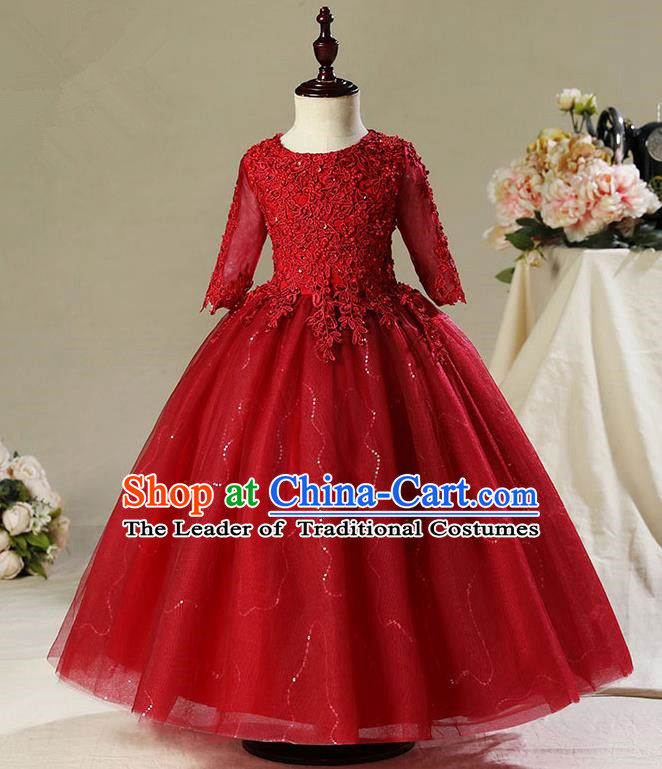 Children Modern Dance Costume Compere Wine Red Veil Embroidery Evening Dress Princess Long Dress for Girls