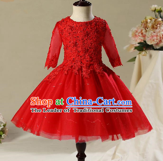 Children Model Dance Costume Compere Red Veil Short Evening Dress, Ceremonial Occasions Catwalks Princess Embroidery Dress for Girls