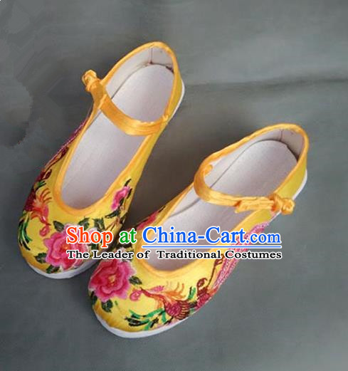 Asian Chinese Shoes Wedding Shoes Yellow Satin Melaleuca Shoes, Traditional China Opera Shoes Hanfu Shoes Embroidered Phoenix Peony Shoes