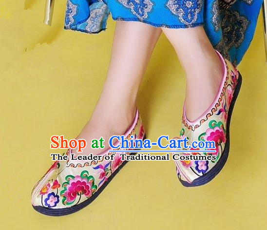 Asian Chinese Shoes Wedding Shoes Handmade Yellow Embroidered Shoes, Traditional China Princess Shoes Hanfu Become Warped Head Shoe for Women