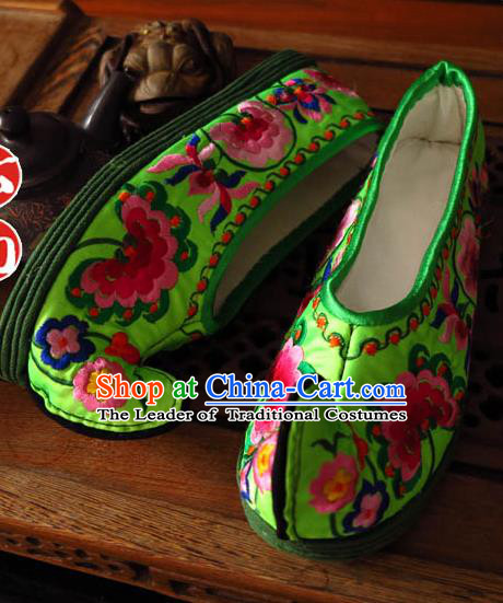 Asian Chinese Shoes Wedding Shoes Handmade Green Embroidered Shoes, Traditional China Princess Shoes Hanfu Become Warped Head Shoe for Women