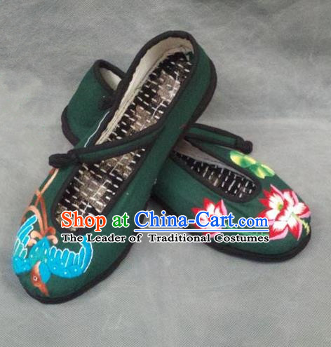 Asian Chinese National Green Embroidered Shoes, Traditional China Princess Handmade Shoes Hanfu Embroidery Lotus Shoe for Women
