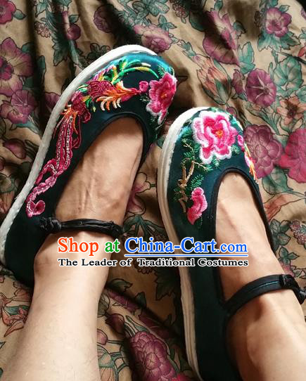 Asian Chinese National Embroidered Shoes, Traditional China Handmade Shoes Hanfu Embroidery Phoenix Peony Green Shoe for Women
