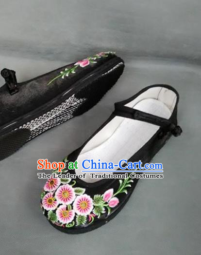 Asian Chinese National Embroidered Shoes, Traditional China Handmade Shoes Hanfu Embroidery Daisy Black Shoes for Women