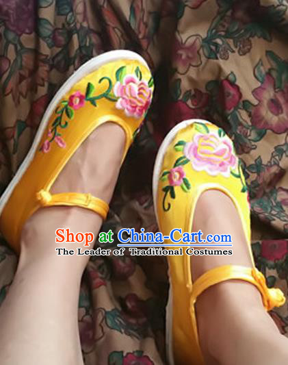 Asian Chinese National Wedding Yellow Melaleuca Embroidered Shoes, Traditional China Handmade Shoes Hanfu Embroidery Peony Shoes for Women