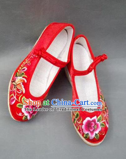Traditional Chinese National Red Satin Shoes Embroidered Shoes, China Handmade Shoes Hanfu Embroidery Peony Shoes for Women