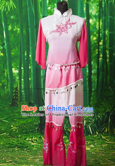 Traditional Chinese Classical Dance Yangge Fan Dancing Costume, Drum Dance Uniform Yangko Pink Costume for Women
