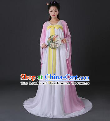 Asian China Ancient Tang Dynasty Palace Lady Costume, Traditional Chinese Princess Hanfu Embroidered Pink Dress Clothing for Women