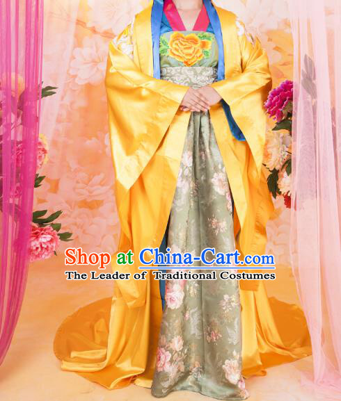 Asian China Ancient Tang Dynasty Palace Lady Costume, Traditional Chinese Hanfu Imperial Consort Embroidered Golden Dress Clothing for Women