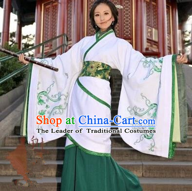 Asian China Ancient Han Dynasty Palace Lady Costume, Traditional Chinese Hanfu Imperial Consort Embroidered White Curve Bottom Clothing for Women