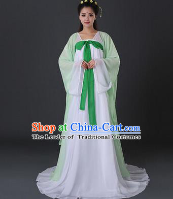 Asian China Ancient Tang Dynasty Palace Lady Costume, Traditional Chinese Princess Hanfu Embroidered Light Green Dress Clothing for Women