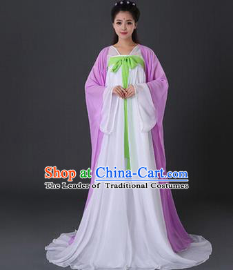 Asian China Ancient Tang Dynasty Palace Lady Costume, Traditional Chinese Princess Hanfu Embroidered Purple Dress Clothing for Women