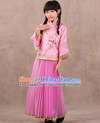Traditional Ancient Chinese Republic of China Children Embroidered Costume, Asian Chinese Embroidered Pink Xiuhe Suit Clothing for Kids