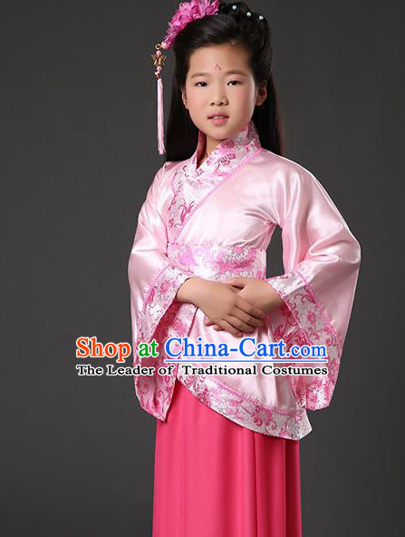 Asian China Ancient Han Dynasty Palace Lady Costume, Traditional Chinese Hanfu Embroidered Pink Curve Bottom Clothing for Kids