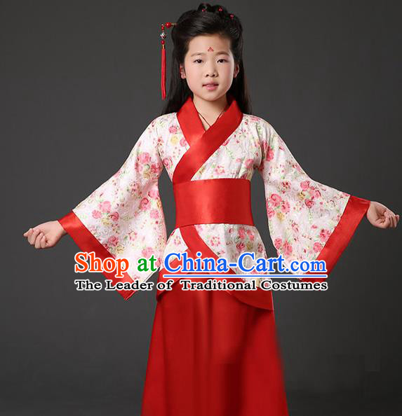 Asian China Ancient Han Dynasty Palace Lady Costume, Traditional Chinese Hanfu Embroidered Red Curve Bottom Clothing for Kids