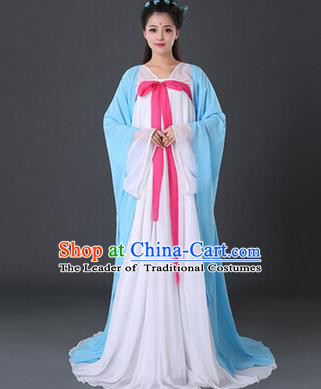 Asian China Ancient Tang Dynasty Palace Lady Costume, Traditional Chinese Princess Hanfu Embroidered Blue Dress Clothing for Women