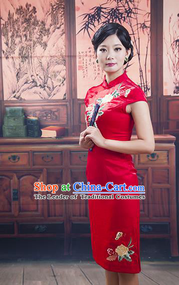 Traditional Ancient Chinese Republic of China Cheongsam, Asian Chinese Chirpaur Red Embroidered Qipao Dress Clothing for Women