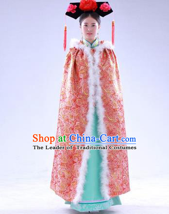 Traditional Ancient Chinese Manchu Palace Lady Costume Long Cloak, Asian Chinese Qing Dynasty Princess Embroidered Pink Mantle Clothing for Women