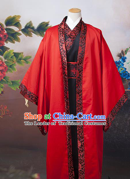 Asian China Ancient Tang Dynasty Wedding Costume, Traditional Chinese Bridegroom Hanfu Embroidered Red Clothing for Men
