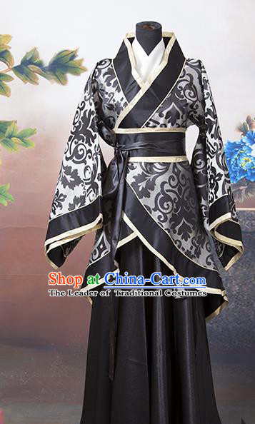 Asian China Ancient Han Dynasty Princess Costume, Traditional Chinese Palace Lady Hanfu Embroidered Black Clothing for Women