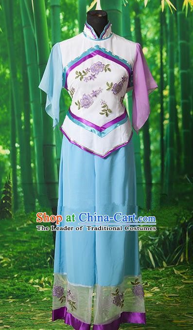 Traditional Chinese Classical Dance Yangge Fan Dancing Costume, Folk Dance Drum Dance Yangko Blue Clothing for Women