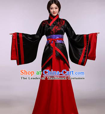 Traditional Ancient Chinese Imperial Princess Costume, Elegant Hanfu Chinese Han Dynasty Imperial Empress Embroidered Black Clothing for Women