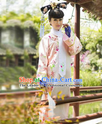 Traditional Ancient Chinese Imperial Consort Costume, Chinese Qing Dynasty Manchu Princess Embroidered Pink Dress Clothing for Women