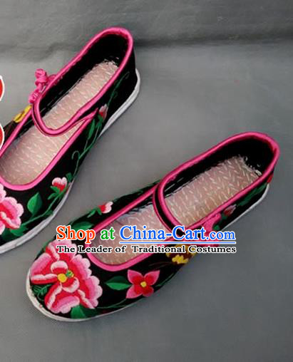 Traditional Chinese National Black Cloth Shoes Embroidered Shoes, China Handmade Shoes Hanfu Embroidery Peony Shoes for Women
