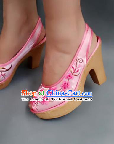 Traditional Chinese National Embroidered Shoes Pink High-heeled Shoes, China Handmade Shoes Hanfu Embroidery Shoes for Women