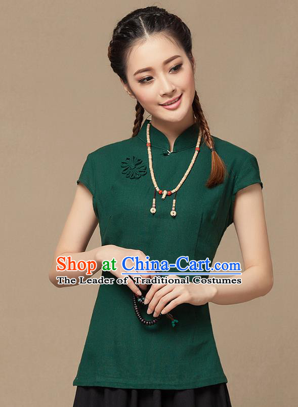 Traditional Chinese National Costume Elegant Hanfu Plated Button Deep Green Shirt, China Tang Suit Slant Opening Blouse Cheongsam Upper Outer Garment for Women