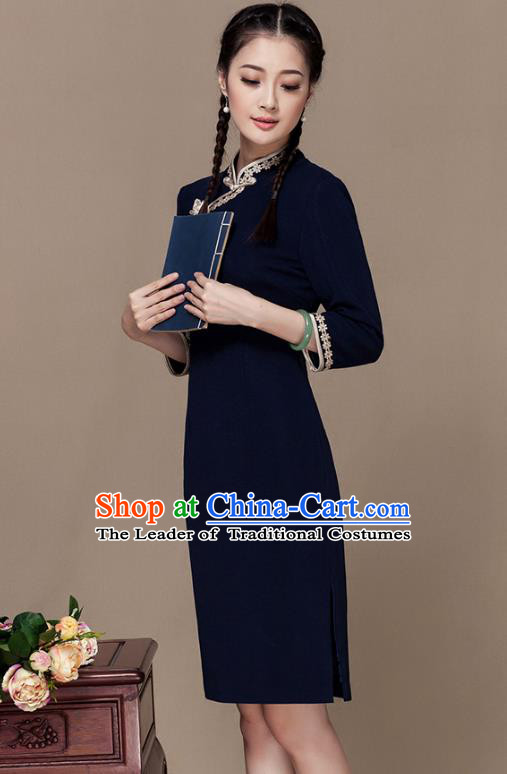 Traditional Chinese National Costume Elegant Hanfu Navy Cheongsam Dress, China Tang Suit Slant Opening Chirpaur Cheong-sam for Women