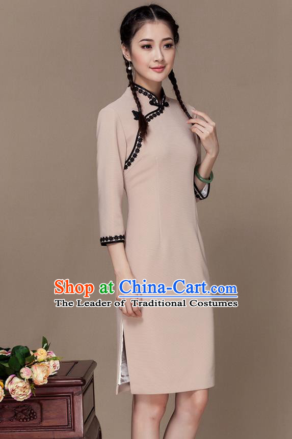 Traditional Chinese National Costume Elegant Hanfu Beige Cheongsam Dress, China Tang Suit Slant Opening Chirpaur Cheong-sam for Women