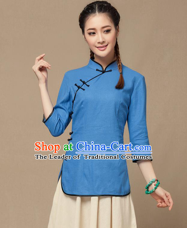 Traditional Chinese National Costume Elegant Hanfu Plated Button Blue Shirt, China Tang Suit Slant Opening Upper Outer Garment Cheongsam Blouse for Women