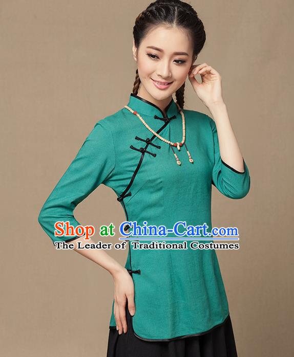 Traditional Chinese National Costume Elegant Hanfu Plated Button Green Shirt, China Tang Suit Slant Opening Upper Outer Garment Cheongsam Blouse for Women