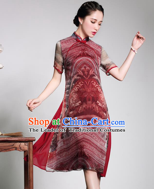 Traditional Chinese National Costume Elegant Hanfu Printing Silk Cheongsam, China Tang Suit Plated Buttons Chirpaur Dress for Women