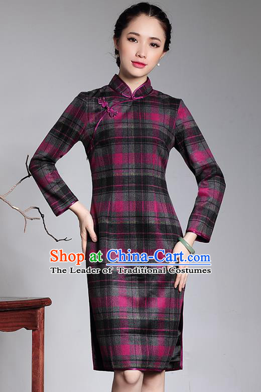 Traditional Chinese National Costume Elegant Hanfu Woolen Cheongsam, China Tang Suit Plated Buttons Chirpaur Dress for Women